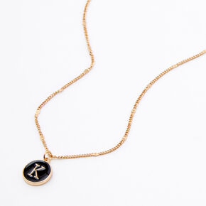 Gold Enamel Initial Pendant Necklace - Black, K,