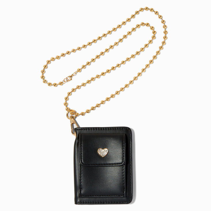 Crystal Heart Black Wallet on Gold-Tone Chain Lanyard,