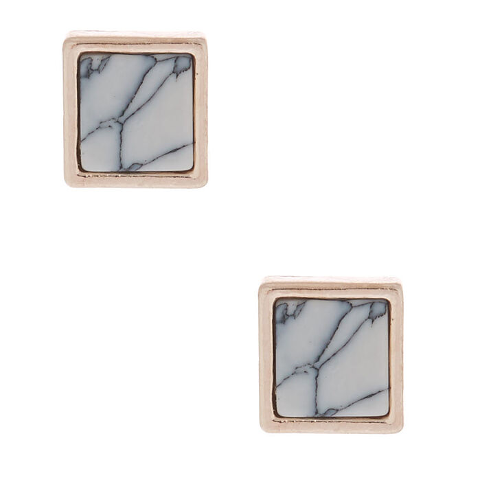 Rose Gold Marbled Square Stud Earrings - White,