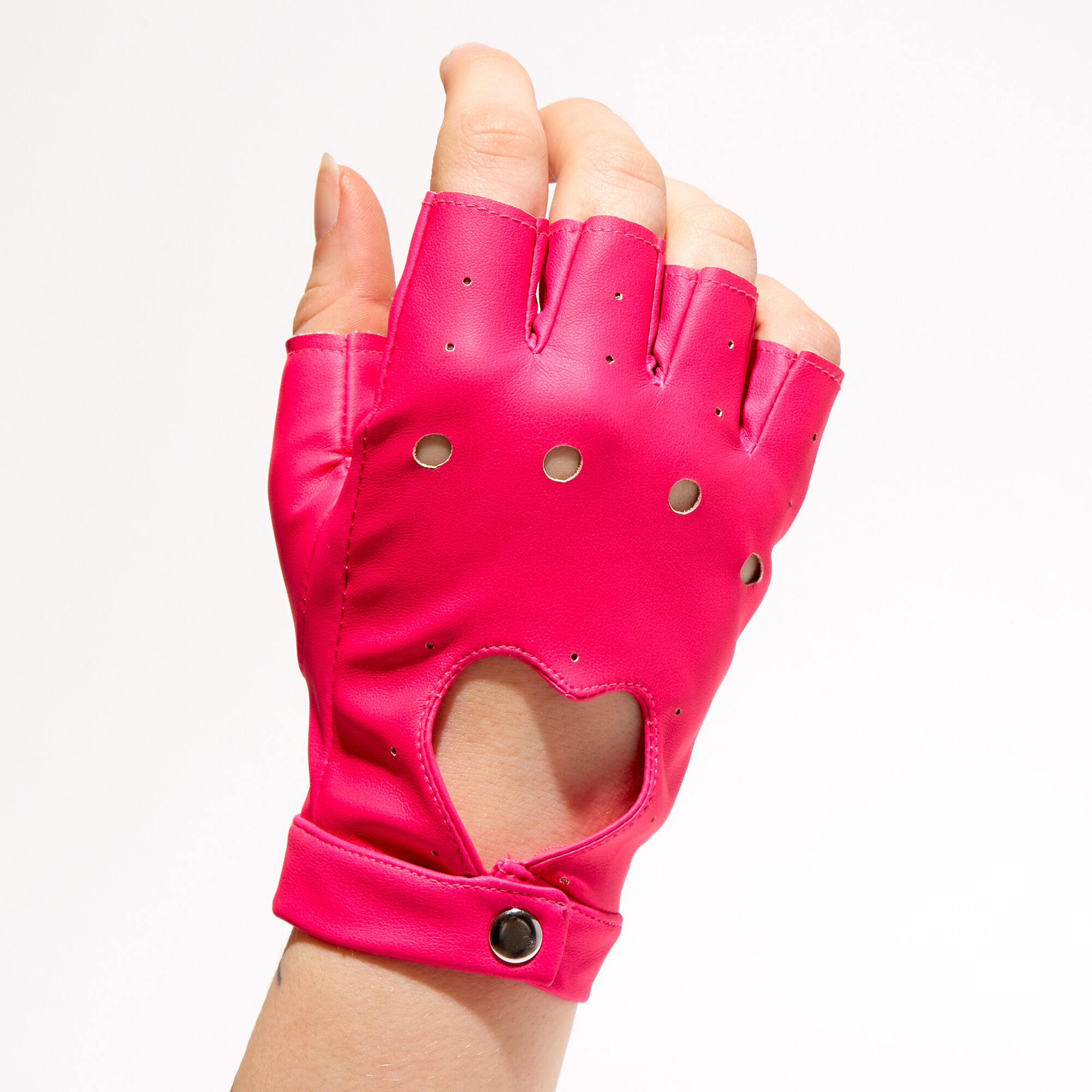 Heart Cutout Faux Leather Fingerless Gloves Hot Pink Icing US