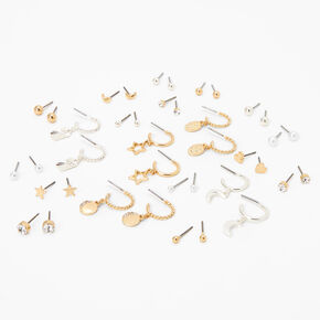 Mixed Metal Celestial Pearl Stud &amp; Hoop Earrings - 20 Pack,