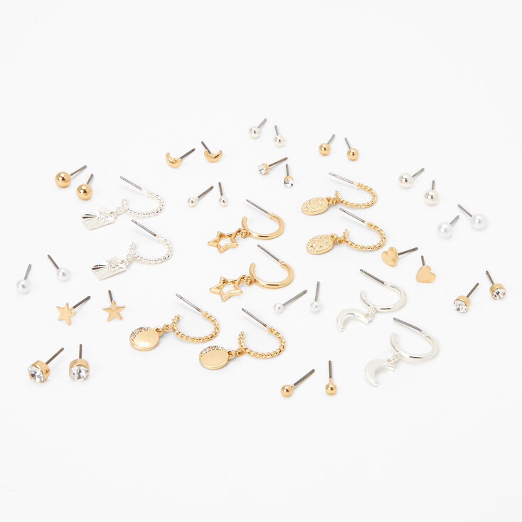 Mixed Metal Celestial Pearl Stud &amp; Hoop Earrings - 20 Pack,