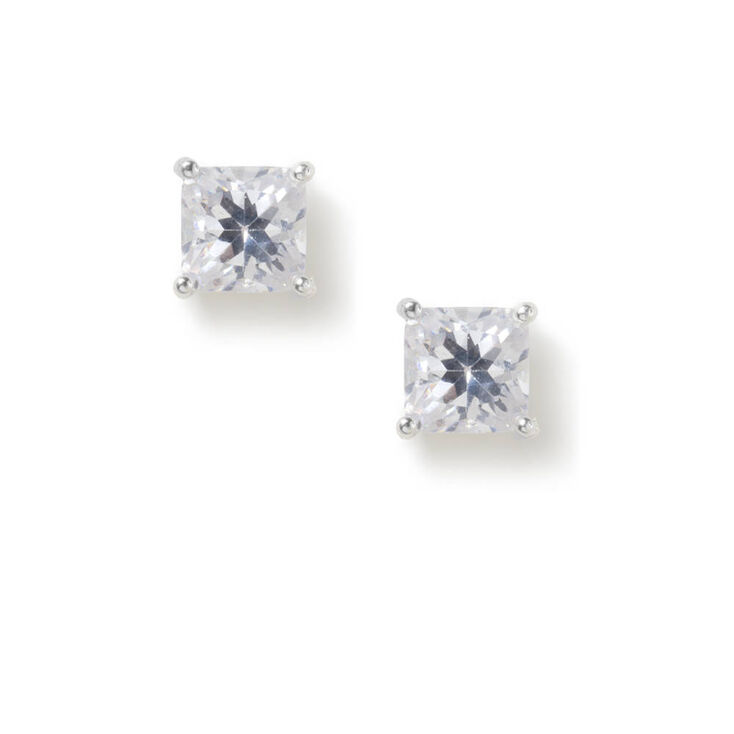 6MM Cubic Zirconia Square Cut Four Prong Set Stud Earrings,