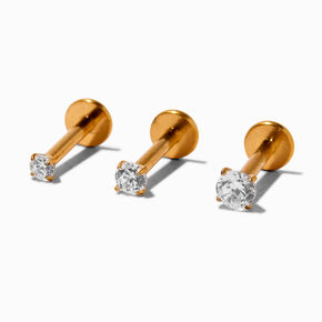 Gold-tone 16G Cubic Zirconia Labret Lip Studs - 3 Pack,