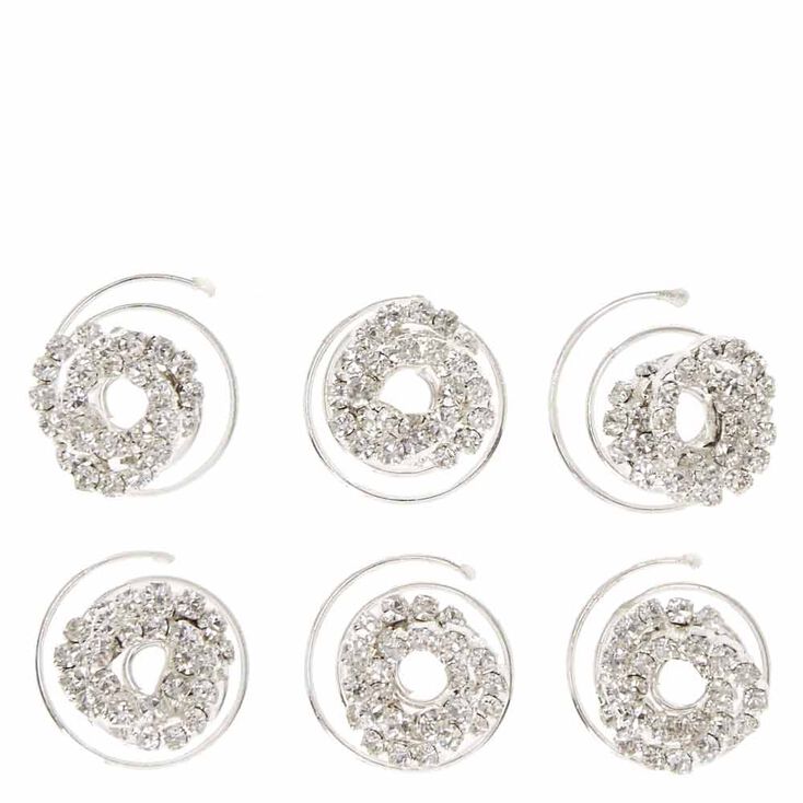 Silver Twisted Crystal Hair Spinners - 6 Pack,