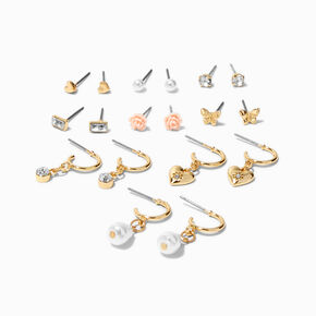 Gold Pretty Hoops &amp; Studs Earrings Set - 9 Pack,