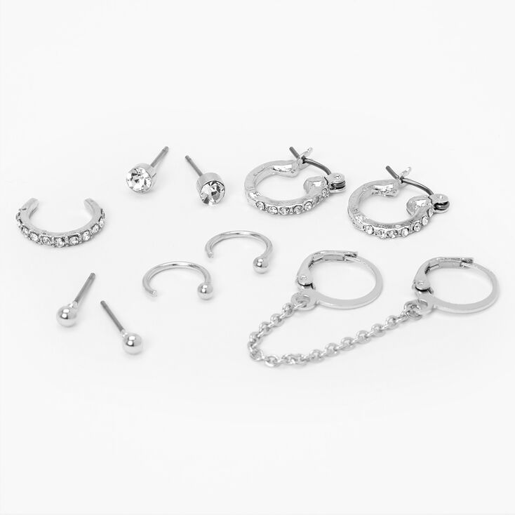 Silver Crystal Ball Ear Cuff &amp; Mixed Earrings - 6 Pack,