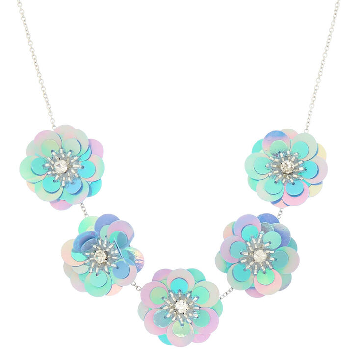 Holographic Flower Statement Necklace - Blue,