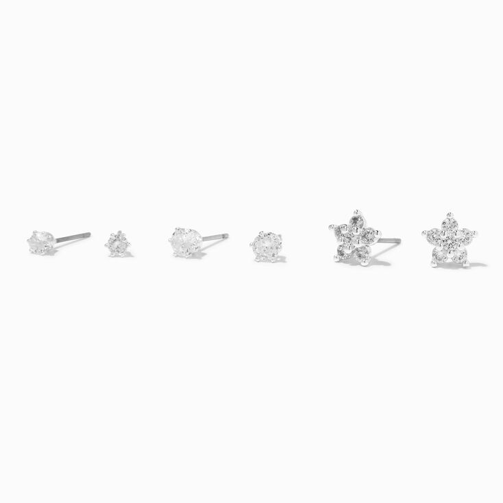Silver Cubic Zirconia Flower &amp; Stud Earrings - 3 Pack,