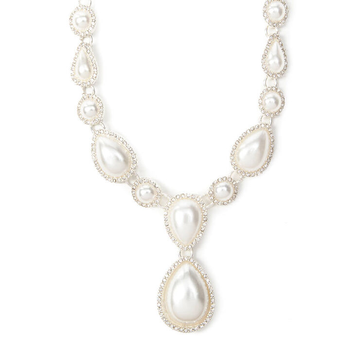 Rhinestone Framed Pearl Teardrops Statement Necklace,