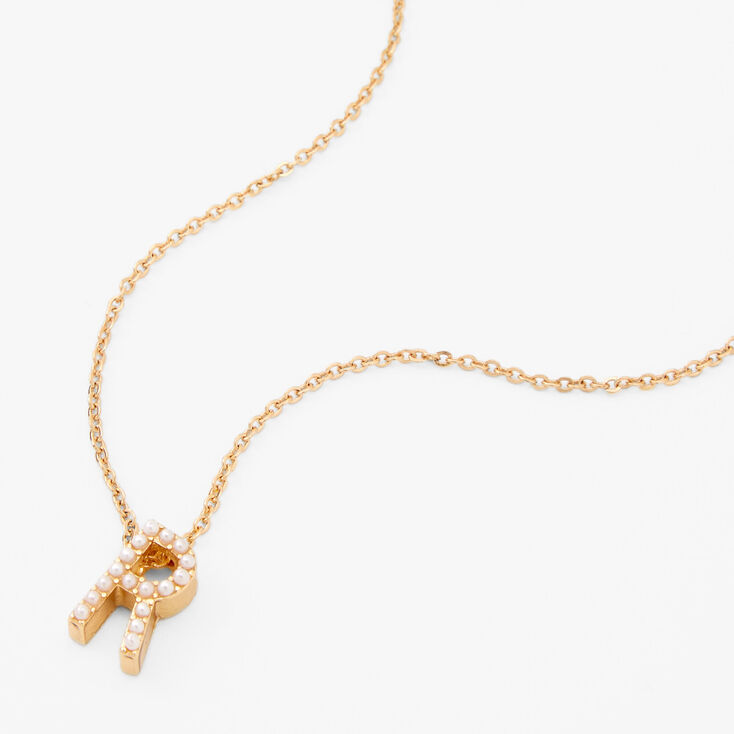Gold Mini Pearl Initial Pendant Necklace - R,