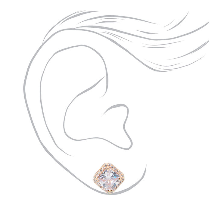 Rose Gold Square Cubic Zirconia Halo Stud Earrings,