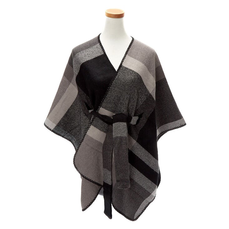 Plaid Sweater Poncho - Black,