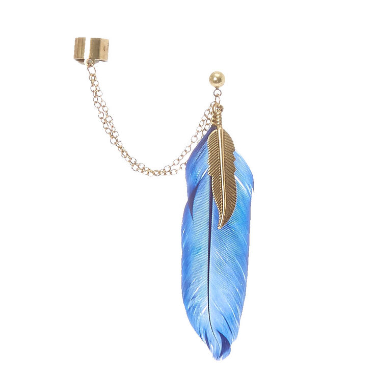 Gold Tone Chain And Blue Feather Ear Cuff,