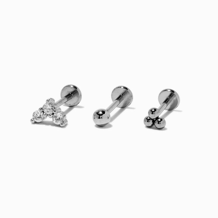 Silver-tone Stainless Steel 18G Stud Threadless Cartilage Earrings - 3 Pack,