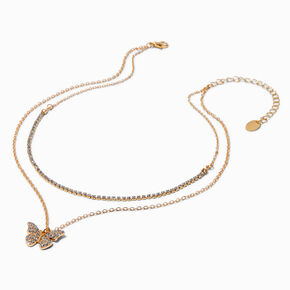 Gold-tone Crystal Butterfly Multi-Strand Necklace ,