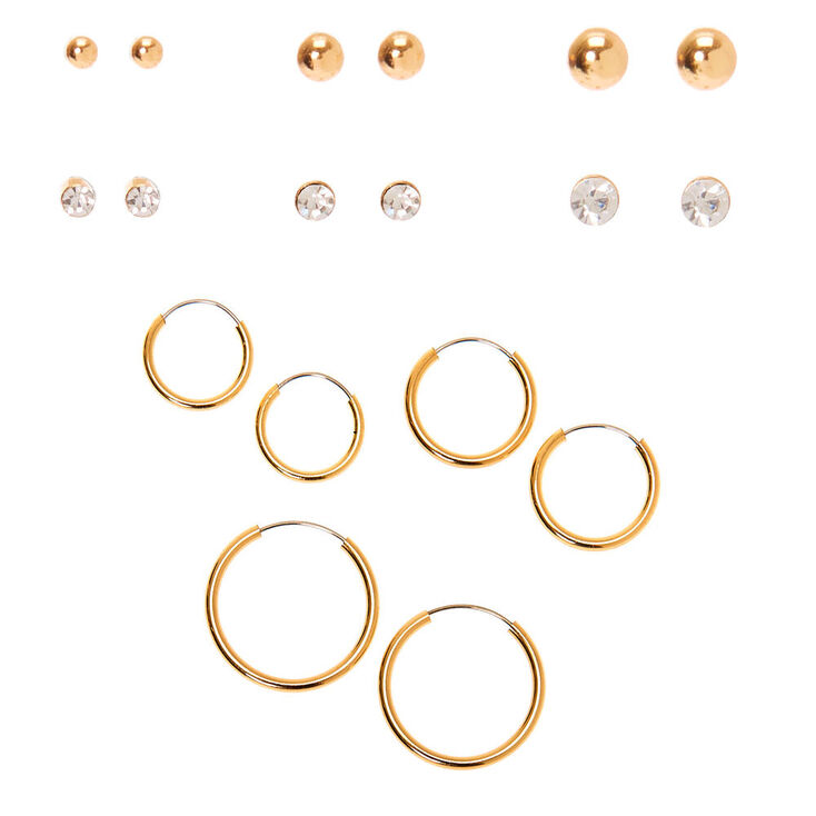 Gold Graduated Mixed Stud &amp; Hoop Earrings - 9 Pack,