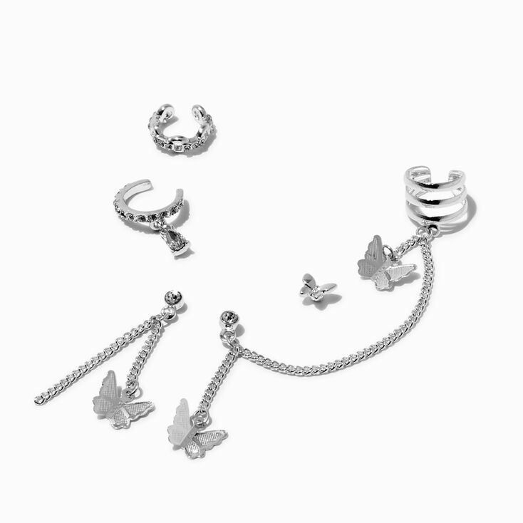 Silver-tone Butterfly Connector Cuff Earring Stackables - 5 Pack,