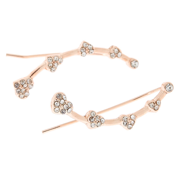 Rose Gold 1" Crystal Heart Ear Crawler Earrings,