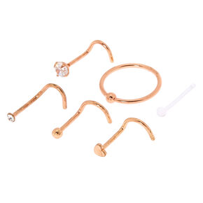 Rose Gold Cubic Zirconia Mixed Nose Studs &amp; Ring - 6 Pack,