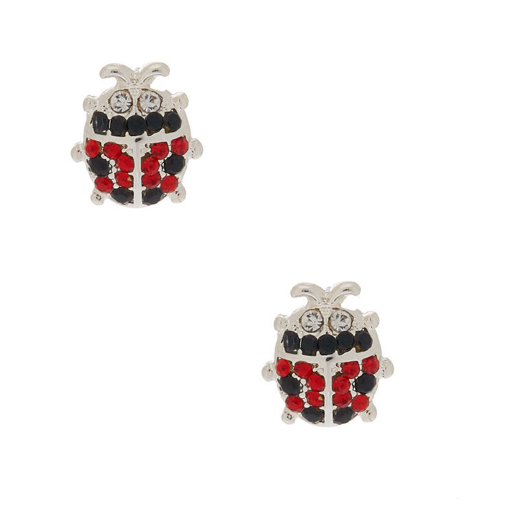 Silver Crystal Ladybug Stud Earrings,