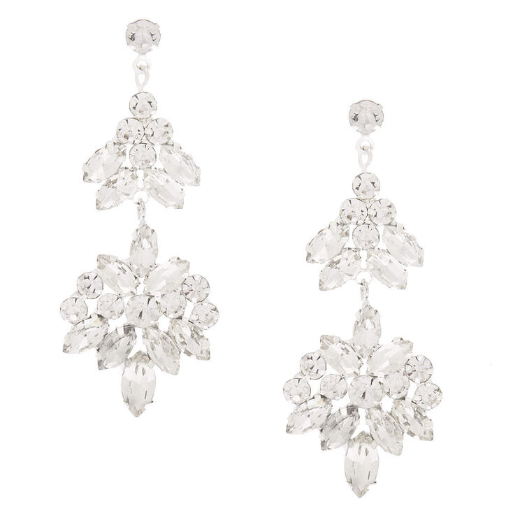 Silver Double Fan Rhinestone Drop Earrings,