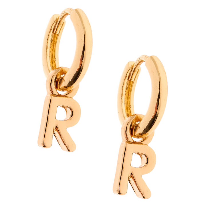 Gold 10MM Initial Huggie Hoop Earrings - R,