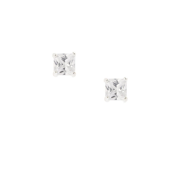 Silver Cubic Zirconia Square Stud Earrings - 6MM,
