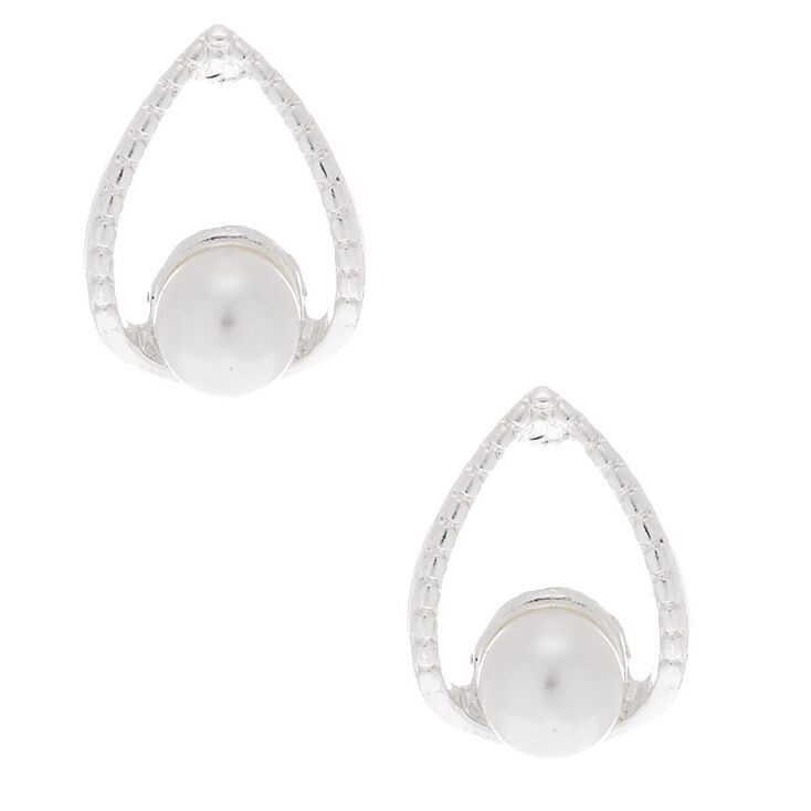 Silver Pearl Teardrop Stud Earrings,