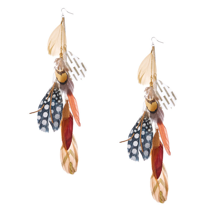 Brown Aztec Feathers Drop Earrings,