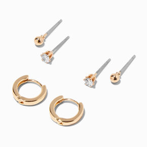 Gold Stud &amp; Huggie Hoop Earring Stackables Set - 3 Pack,