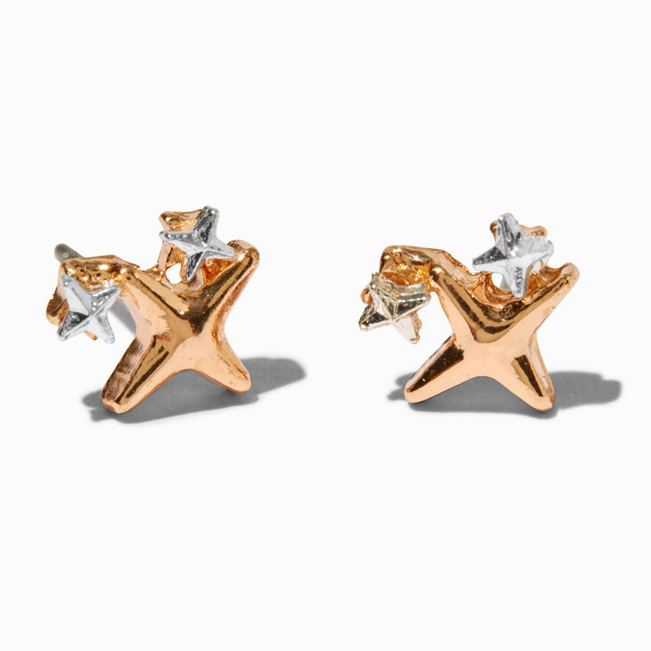 Mixed Metal Triple Star Stud Earrings ,