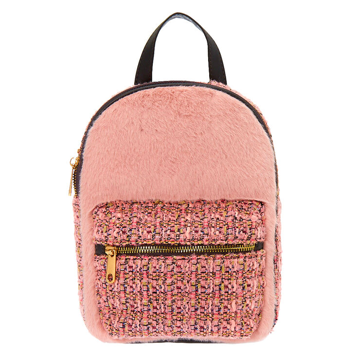 Furry Tweed Midi Backpack - Pink,