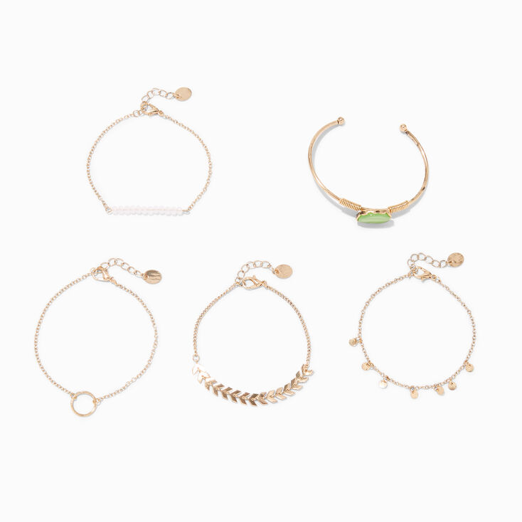 Gold &amp; Green Cuff &amp; Chain Bracelet Set - 5 Pack,