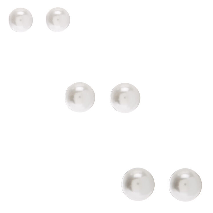 Sterling Silver Graduated Pearl Stud Earrings - Ivory, 3 Pack,