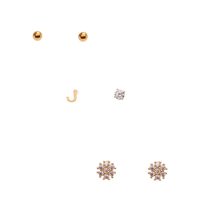 18kt Gold Plated "J" Initial Stud Earring Set,