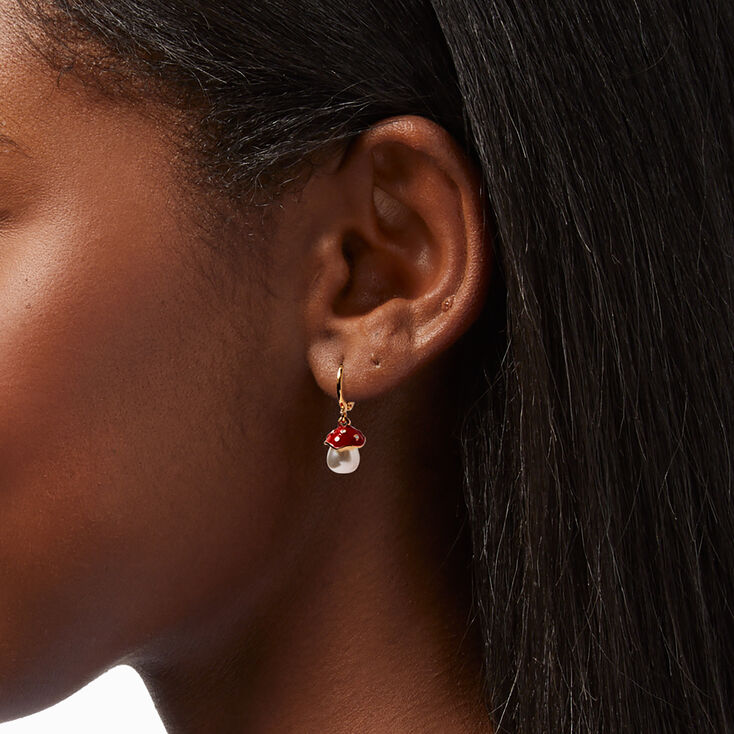 Gold 20MM Red Mushroom Pearl Huggie Hoop Earrings,