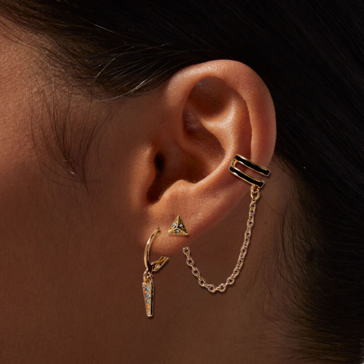 Gold-tone Black Crystal Connector Cuff Earring Stackables - 6 Pack,