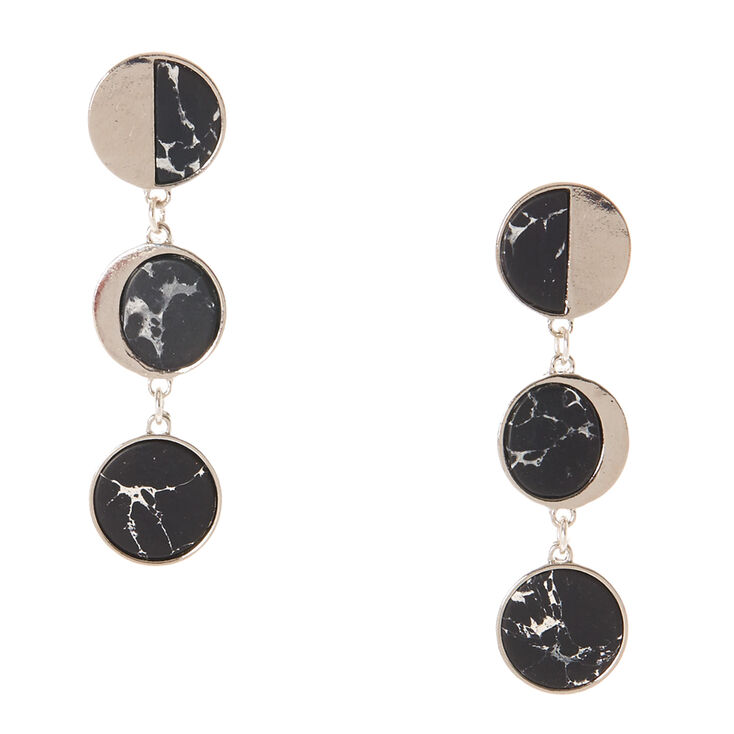 Silver Tone & Black Marbled Circle Drop Earrings,