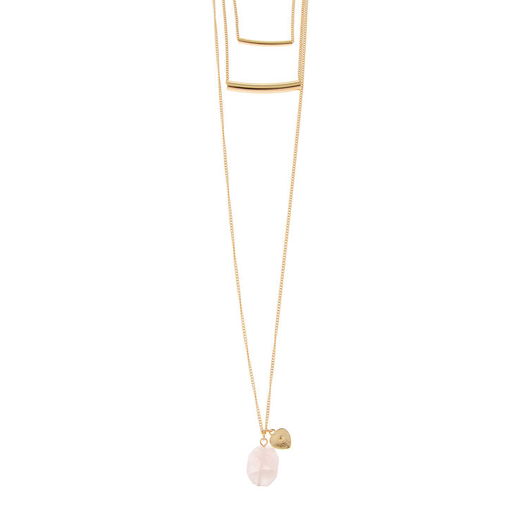 Gold Tube Bars Layered Necklace with Genuine Pink Quartz & Gold Heart Pendant,