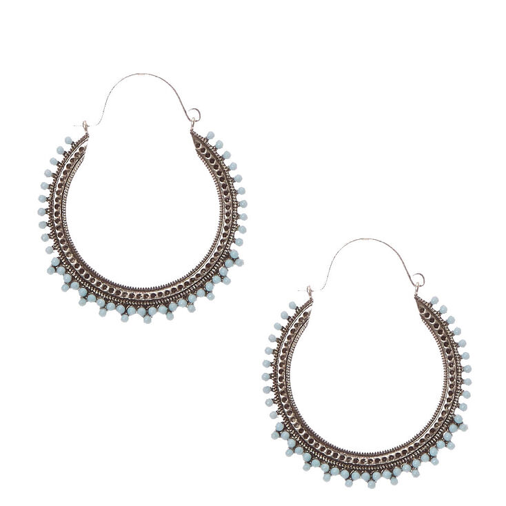 Antique Silver & Round Turquoise Stone Hoop Earrings,