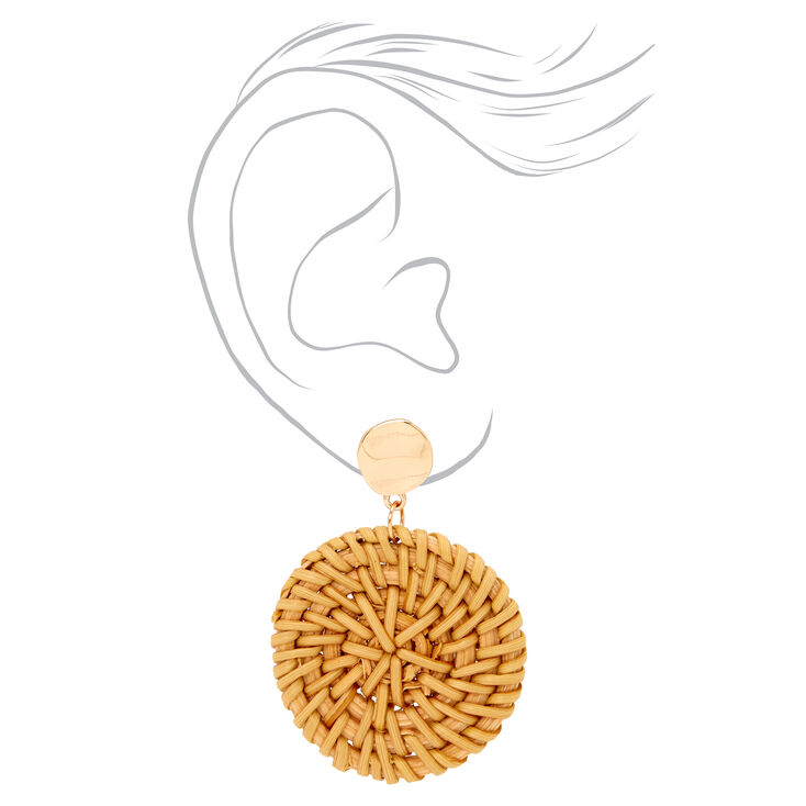 Gold 2&quot; Round Disc Rattan Drop Earrings,