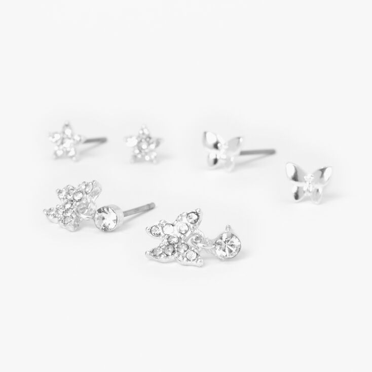 Silver Butterfly &amp; Stars Stud Earring Stackables Set &#40;3 Pack&#41;,