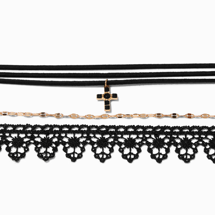 Gold-tone Cross &amp; Lace Choker Necklaces - 3 Pack,