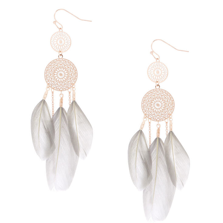 Rose Gold 3" Feather Dreamcatcher Drop Earrings - Gray,