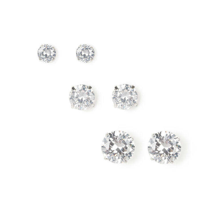 Silver Cubic Zirconia Round Stud Earrings - 5MM, 7MM, 9MM,