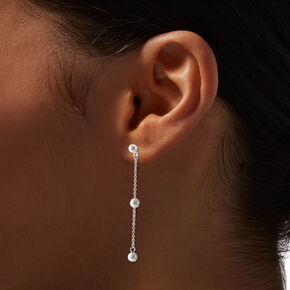 Silver-tone Pearl Station 2&quot; Linear Drop Earrings,