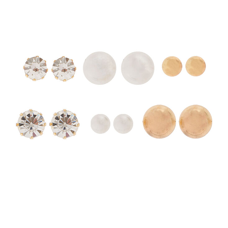 Graduated Crystal, Pearl & Gold Ball Stud Earrings Set of 6,