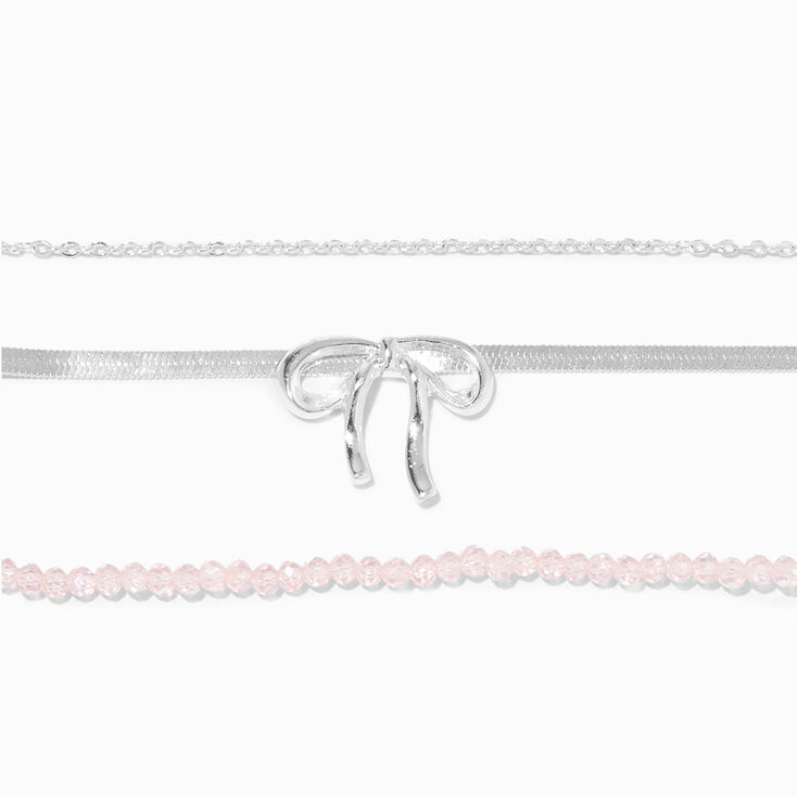 Silver Bow Pink Beaded Chain Bracelets - 3 Pack,