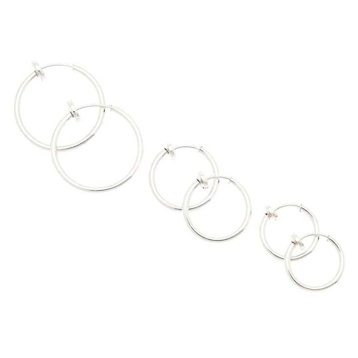 Silver Graduated Clip On Hoop Earrings - 3 Pack,